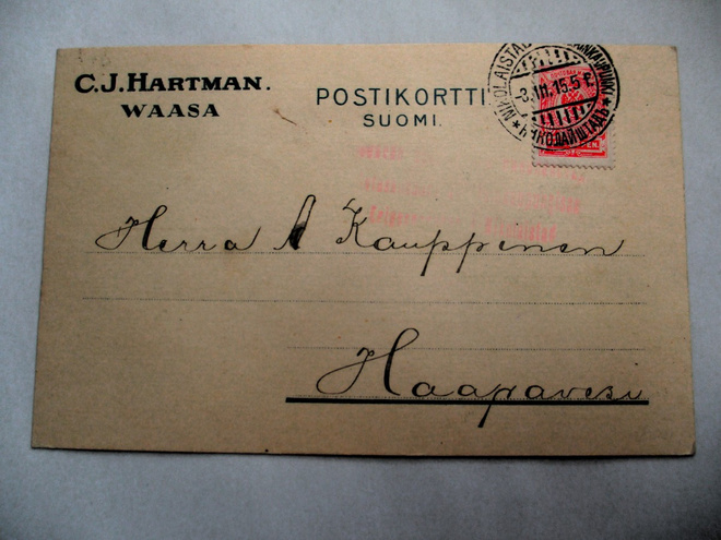 1915 Vaasa C J Hartman liikekortti sens