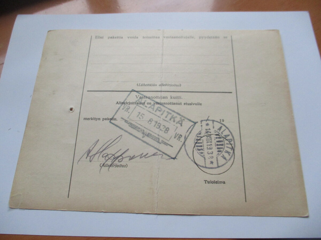 1933 Alapitkä asemaleima osoitekortilla