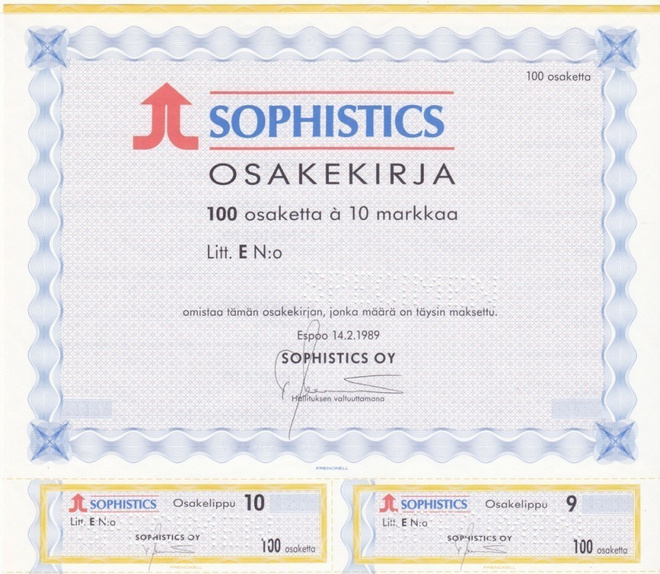 OKK 1989 Sophistic Oy spec, Espoo osakekirja