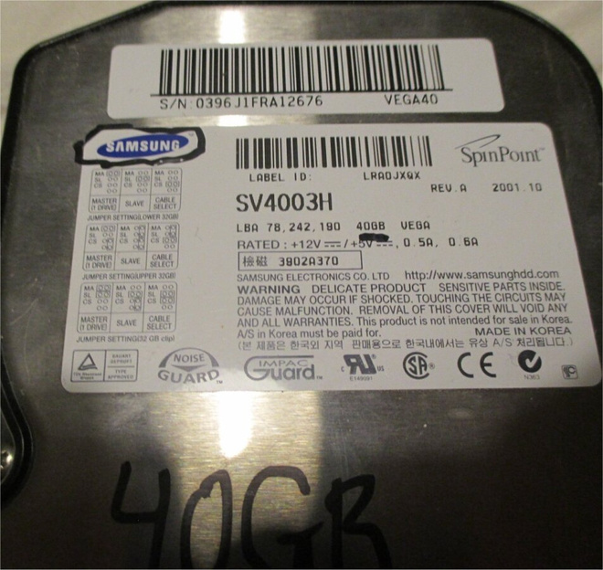 SamsungSV4003H,IDE-väylä,40GB,EiHuonojaSektoreita,Masteriksi
