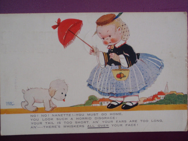 Mabel Lucie Attwell tyttö moittii koiran ulkonäköä VANHA