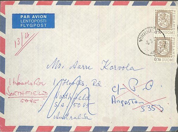 1975 70p leijona 2 kpl lentokirje Australiaan