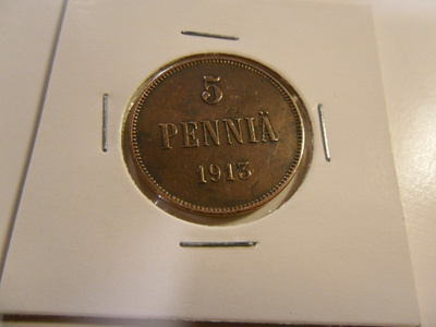 5 penniä kupari 1913 Kl 6-7 Rahakehyksessä Nikolai II