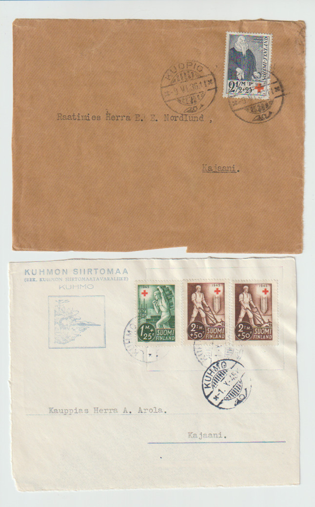 Postilähetykset, 2 kuoren etusivua, huom postimerkit