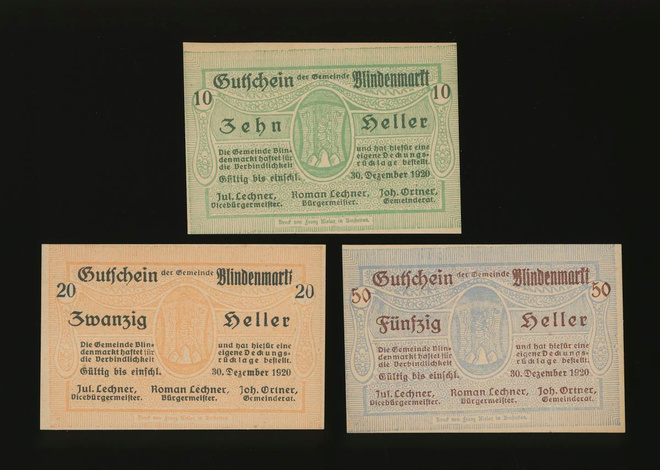 Itävalta Notgeld 10, 20, 50 Heller, Blindenmarkt 1920