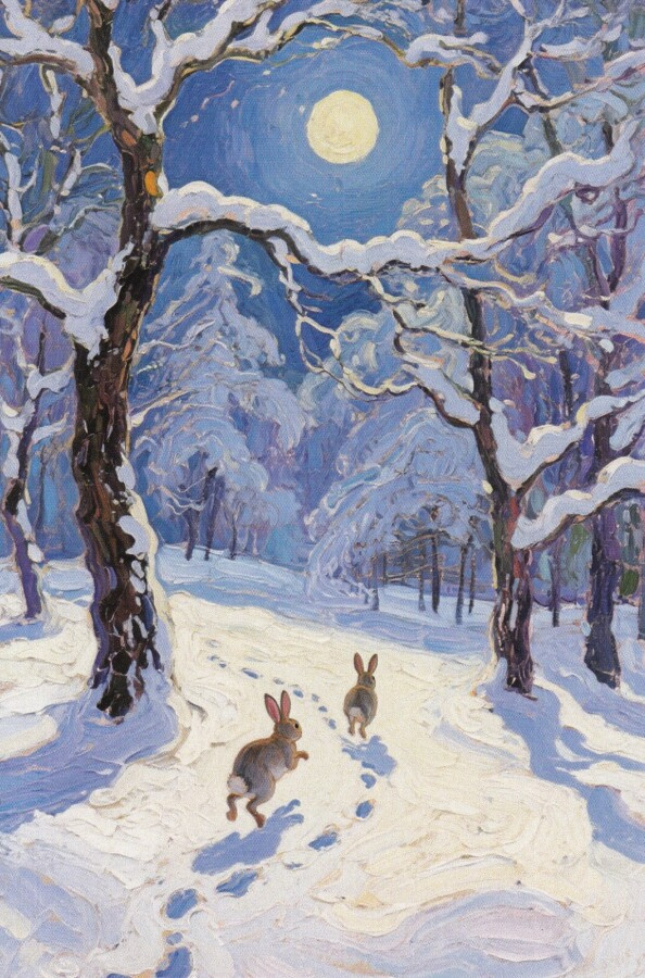 Kaksi jänistä talvimetsässä