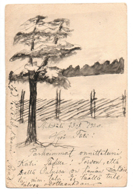 Vanha itsepiirretty kortti, maisema, vuodelta 1920
