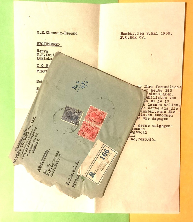 R-kirje Bombay 9 may 1933 ja Intia postimerkit