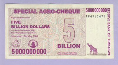 Zimbabwe 5 000 000 000 Dollaria v.2008 UNC P-61