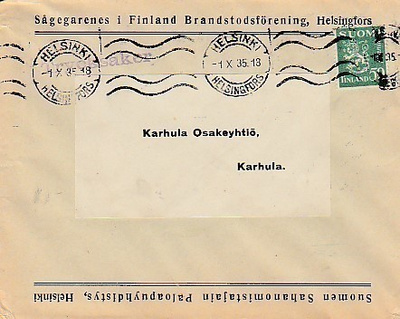 1935, Suomen Sahanomistajain Paloapuyhdistys, Helsinki kirje