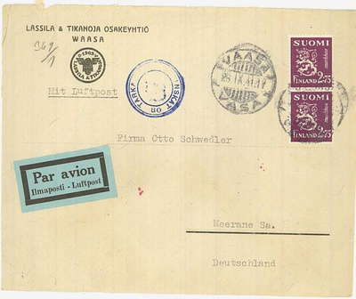 M30 1940 2,75 violetti leijona pari lentokirje Saksaan