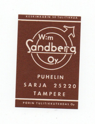 Porin Tulitikkutehdas Oy Sandberg Oy. Tampere. Etiketti.