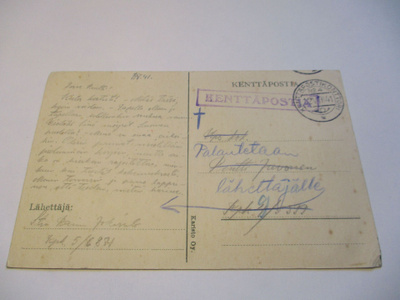 1941 Palautunut kp kortti kaatuneelle