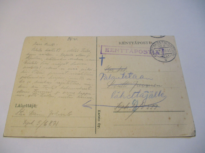 1941 Palautunut kp kortti kaatuneelle