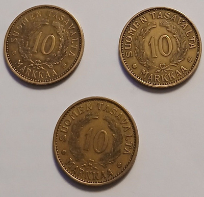 Alumiinipronssi 10 markkaset vuosilta 1929, 1930 ja 1934.