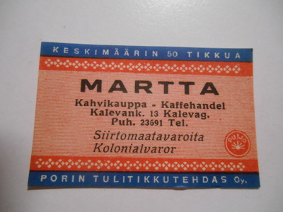 TT Etiketti Puijo Martta kahvikauppa Kalevank. 13