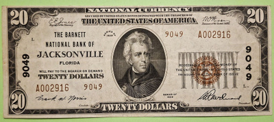USA 20 Dollars 1929, Jacksonville, Barnet Bank. Kunto 4.