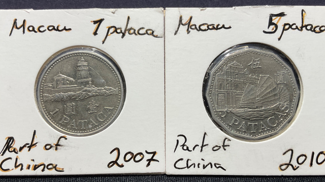 Macau 1 pataca 2007 & 5 patacas 2010.