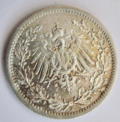 Saksa 1/2 mark 1914 A Hopeaa HYVÄ Lyöntikiiltoakin