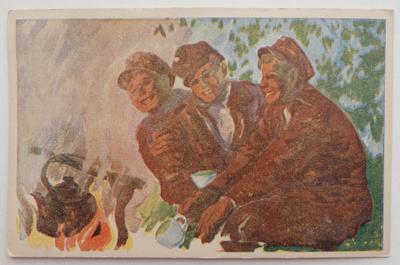 Aarne Nopsanen, sotilaat nuotiokahvin keitossa