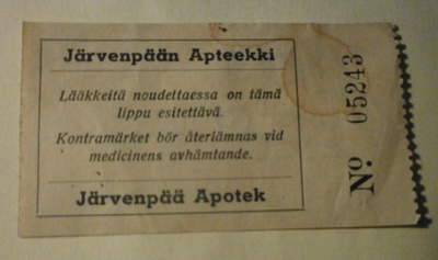 Järvenpää,  Järvenpään Apteekki, lääkkeiden vastakuitti