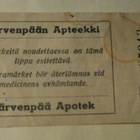 Järvenpää, Järvenpään Apteekki, lääkkeiden vastakuitti - pikkukuva 1