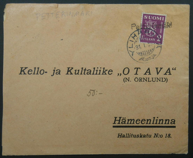 Pp-leima PETTERINMÄKI / Ylihärmä kirjeellä 1936