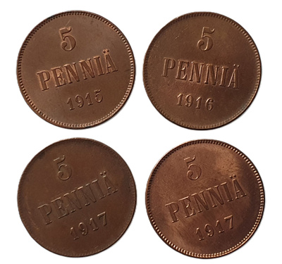 4x 5 Penniä 1915-1917 - hyväkuntoinen sarja!