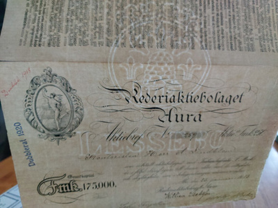 Rederiaktiebolaget AURA aktiebref/osakekirja v. 1913