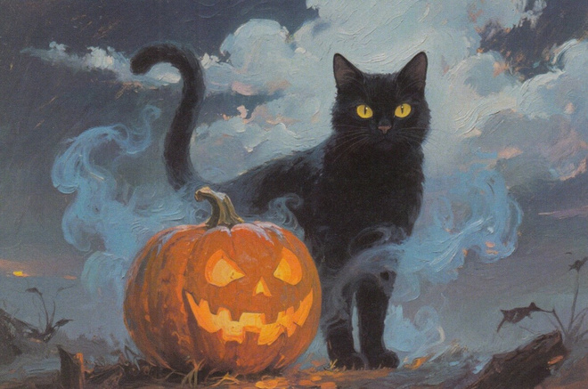 Halloween musta kissa, oranssi kurpitsa