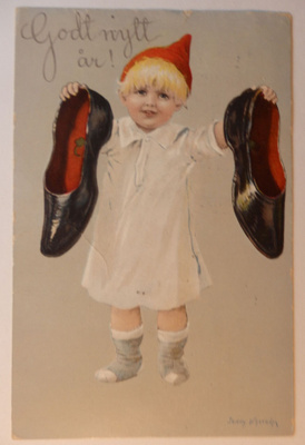 Jenny Nyström, tyttö ja kalossit, leimattu 1909
