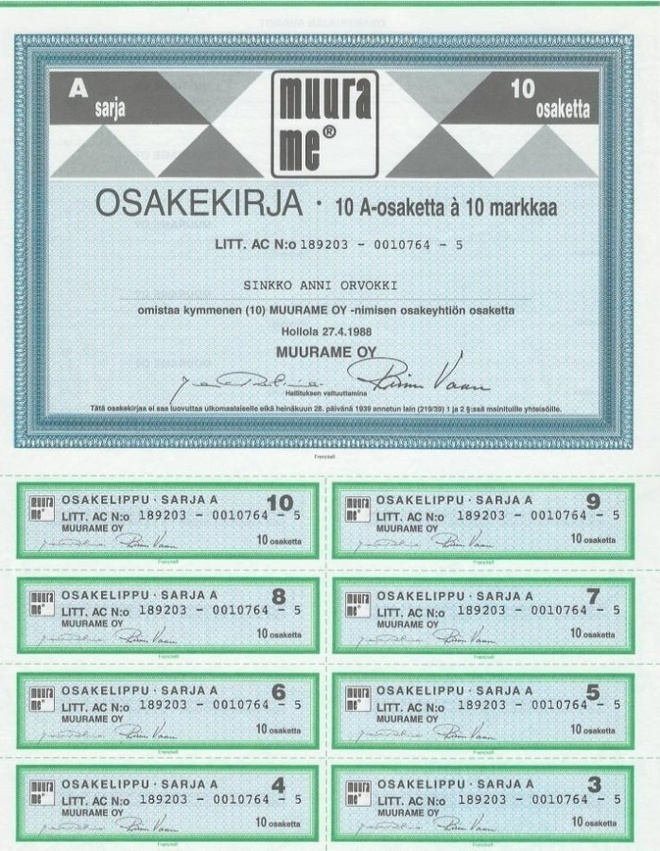 OKK 1988 Muurame Oy, Hollola pörssi osakekirja