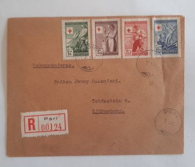 FDC PR 1946 R-kuori Pori, kulkenut, kuoressa taite