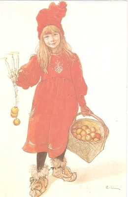 Carl Larsson : Tyttö, omenakori ja kynttilät. mattapinta -74