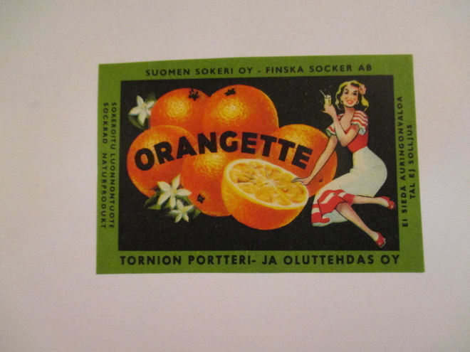 Orangette juomaetiketti .Tornion Portteri- ja Oluttehdas Oy.