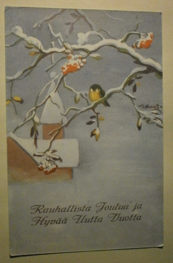 Wendelin: Kirkko, pihlaja, lintuja, p. 1953 + Tubi-merkki