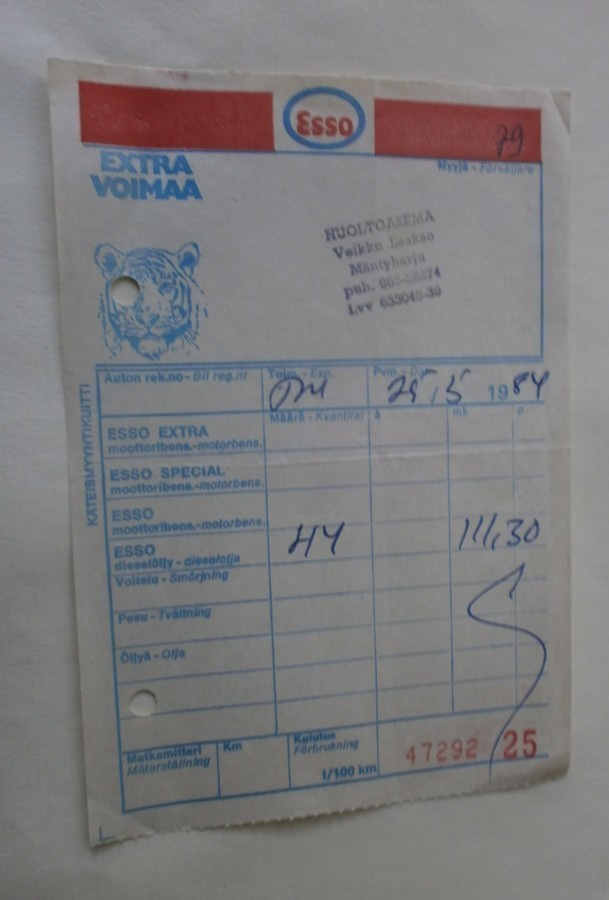 Esso, huoltamon käteismaksun kuitti v. 1984