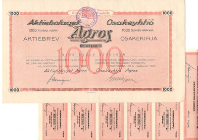 OKK osakekirja Agros Oy 29.10.1923 Pörssiyhtiö