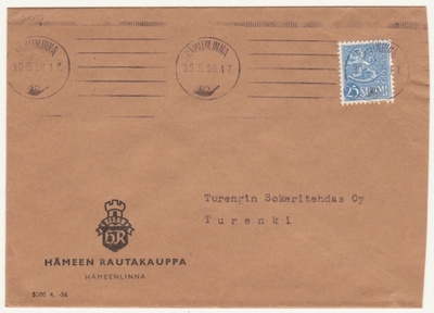 Hämeenlinna firmakuori Hämeen Rautakauppa 1956