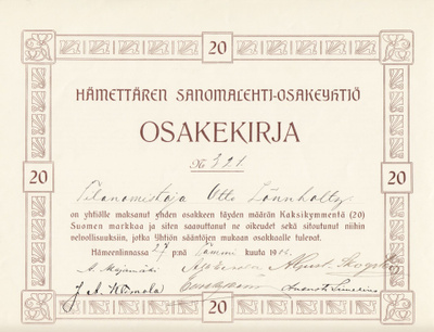 OKK 1906 Hämettären Sanomalehti Oy, Hämeenlinna