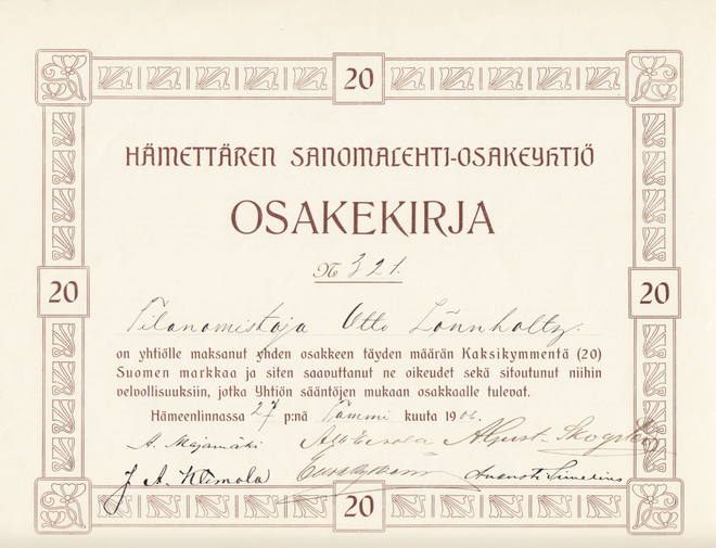 OKK 1906 Hämettären Sanomalehti Oy, Hämeenlinna