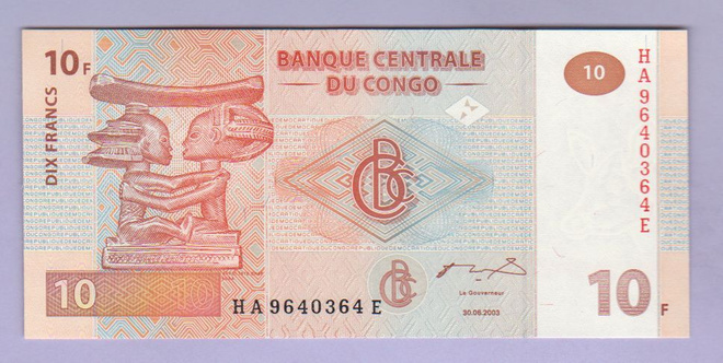 Kongo Congo DR 10 Francs v.2003 UNC P-93a