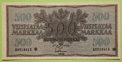 TÄHTI 500 mk 1955 nro A0010413** Kunto 3-4, rissi 3 mm