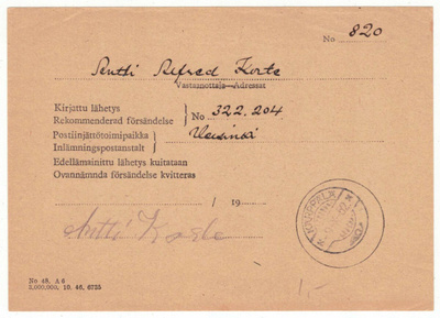 Kirjatun lähetyksen sisäänjättö kuitti - KÄRPPÄLÄ 1952