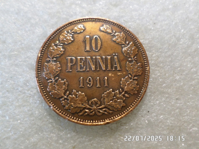 10 penniä 1911 kulkematon , patinoinin alkua.