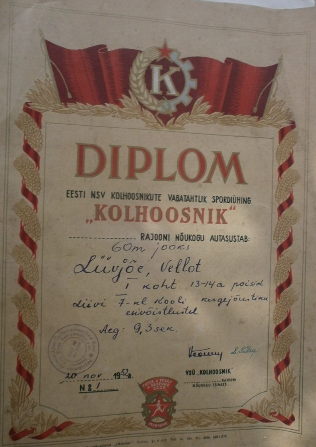 Viro NSV, Kolhoosikisojen diplomi juoksusta, v. 1952