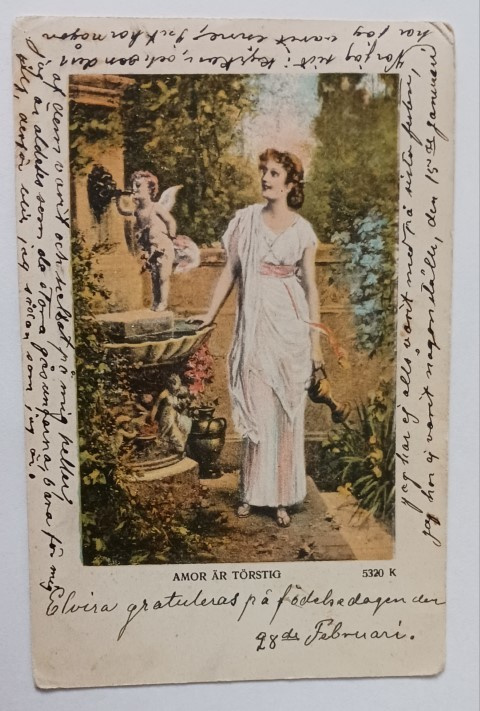 Nuori leidi ja Amor lähteellä, vanha väripk, p. 1906