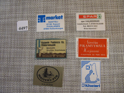 Tulitikkuetikettejä 6 kpl. Mm. T market Rantteli Kajaani.