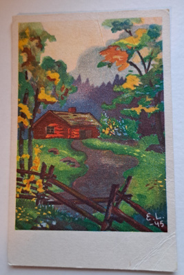 Eero Lehikoinen: pieni tupa syysmaisema, kulkenut 1952