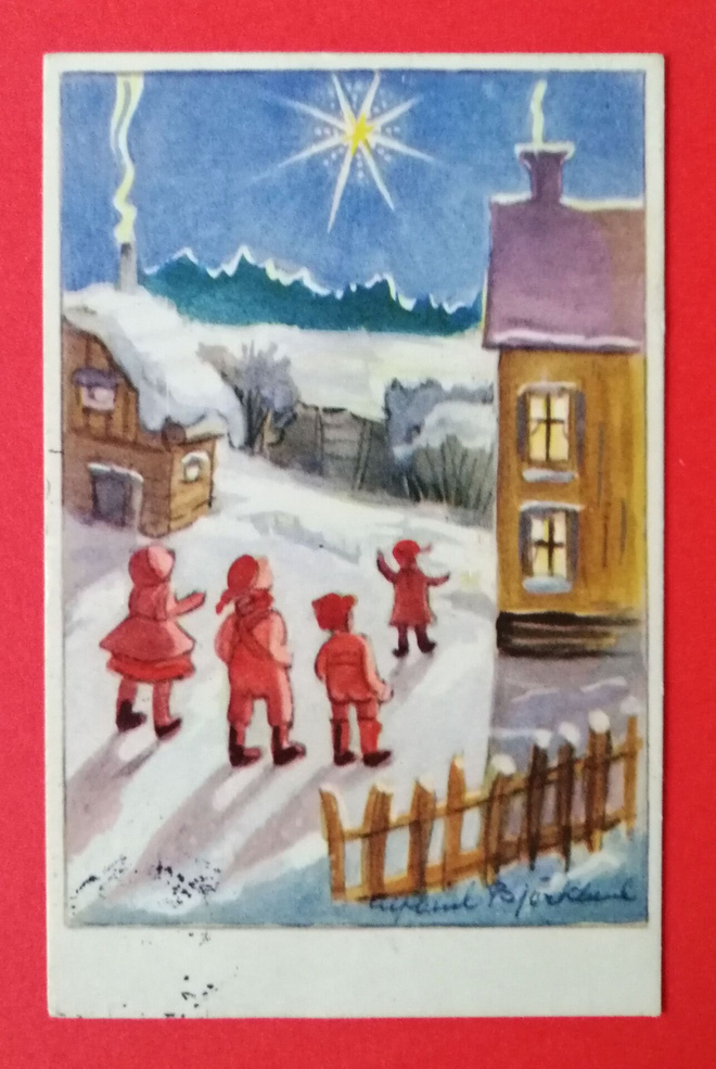 Vanha joulukortti kulk. 1954